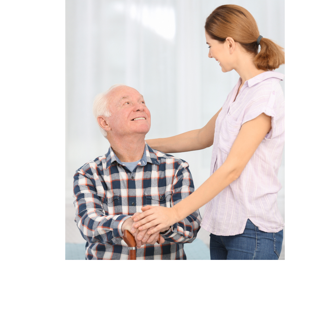 Caregiver greeting elderly gentleman